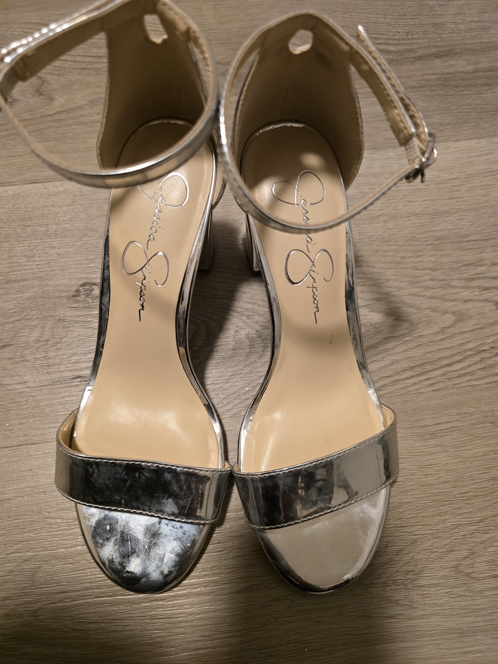 Jessica Simpson Metallic Silver Ankle-Strap Block Heels